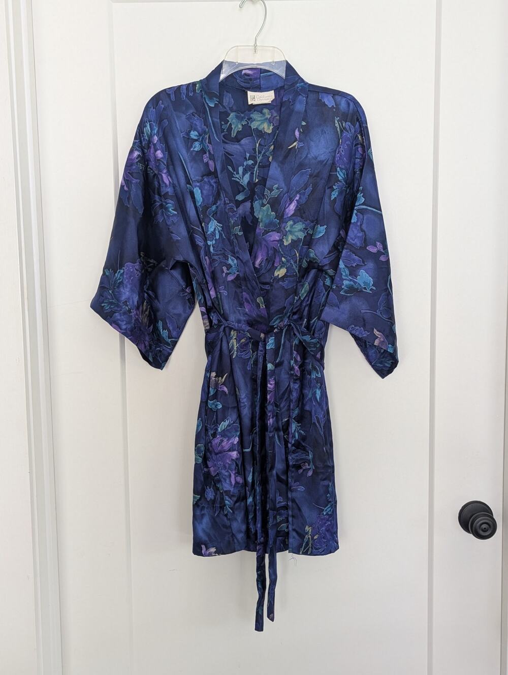 Vtg California Dynasty S Kimono Wrap Robe Blue Floral 90s